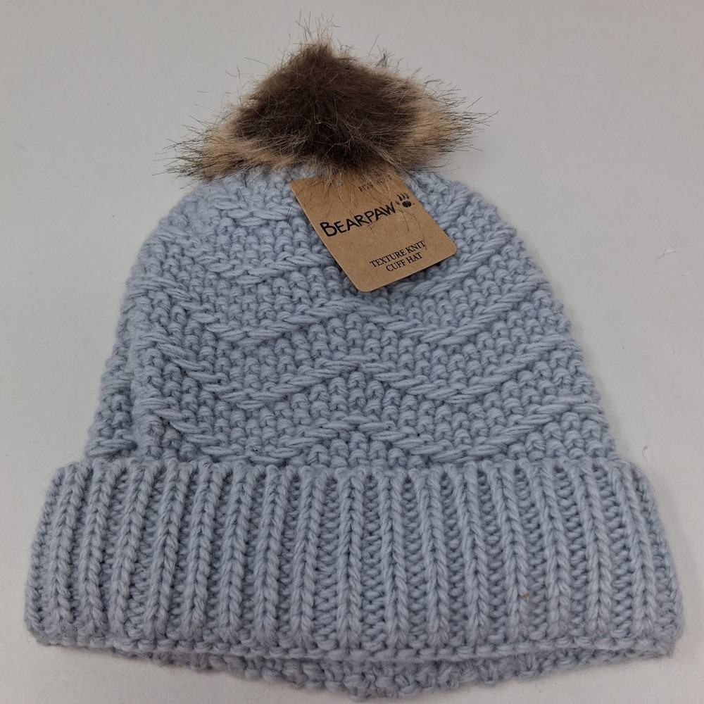 Bearpaw Light Blue Texture Knit Cuff Hat Beanie Faux Fur Pom 11LKR007291 NEW